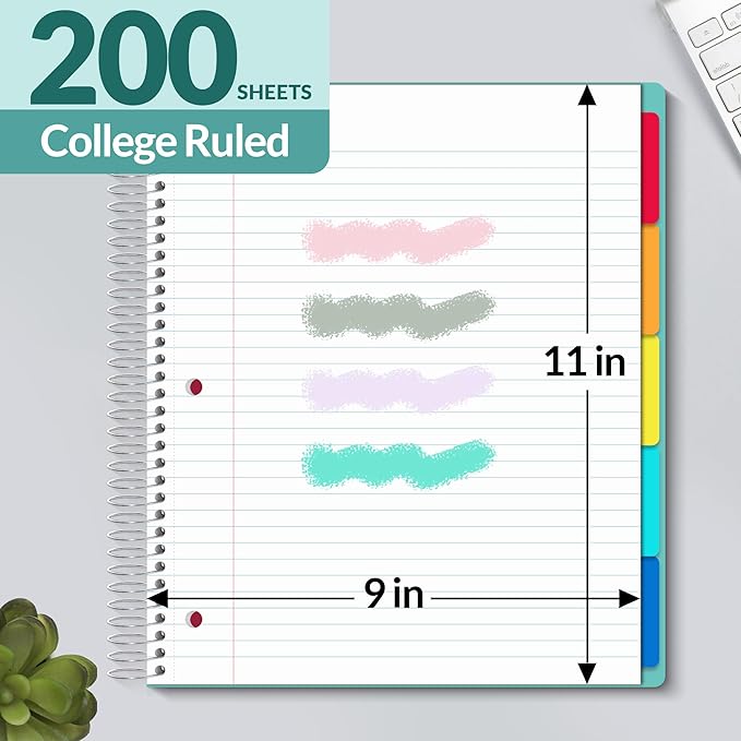 SUNEE 5 Subject Notebook College Ruled - 400 Pages, 9"x11", 5 Pocket Colored Dividers, 3-Hole Punched Paper, Teal