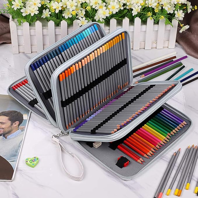 BTSKY 200 Slots Colored Pencil Organizer - Deluxe PU Leather Pencil Case Holder With Removal Handle Strap Pencil Box Large for Colored Pencils Watercolor Pencils White Marble