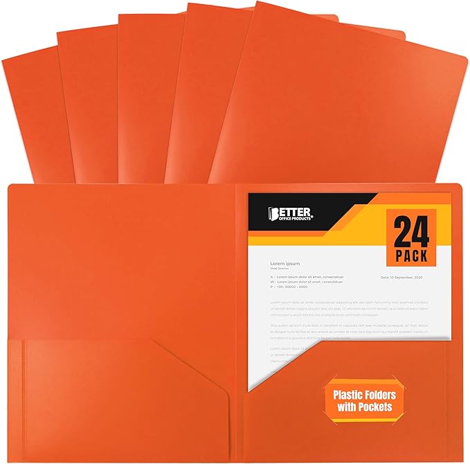 Better Office Products Heavyweight Plastic 2 Pocket Portfolio Folder, Letter Size Poly Folders 24 Pack (Orange)