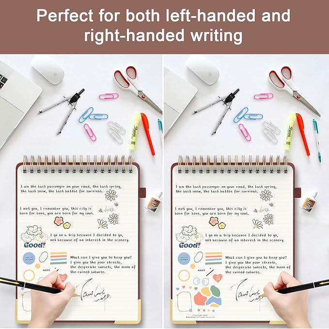 A4 Top Spiral Notebook, Large Leather Hardcover Top Bound Steno Pads, 240 Pages 100 gsm Thick Lined Paper Left Handed Notebook Journal for Work, School, Meeting Writing - Brown, 8.5" x 11"