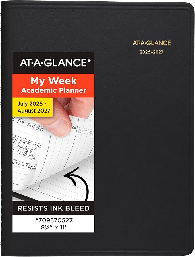 AT-A-GLANCE Planner 2026-2027 Weekly Academic 14-Month July-August, Quarter-Hourly Appointment Book, 8-1/4" x 11", Black (7095705)