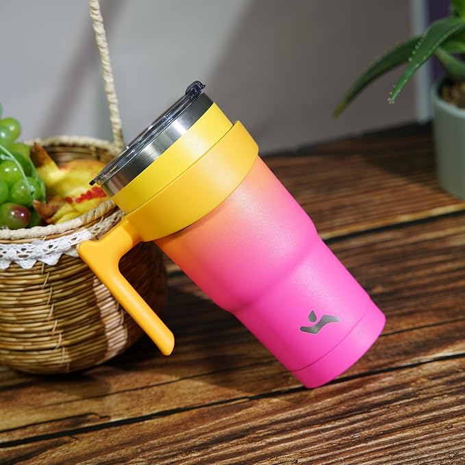 Konokyo 30 oz Tumbler with Handle and 2 Straw 2 Lid, Insulated Water Bottle Stainless Steel Vacuum Cup Reusable Travel Mug,Rainbow