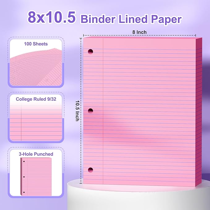 Loose Leaf Paper, 8x10.5 College Ruled, Notebook Paper for 3 Ring Binders, Pink Binder Notebook, 3 Hole Punch Paper, 100 Sheets/pack, 1 Pack