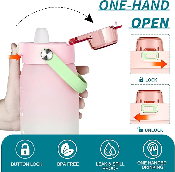 Gulex Motivational Water Bottle 32oz with Time Marker- Leakproof & BPA Free Sports Water Bottle with Straw & Carry Strap for Gym, Travel and Outdoor Sports (Pink/Blue Gradient)