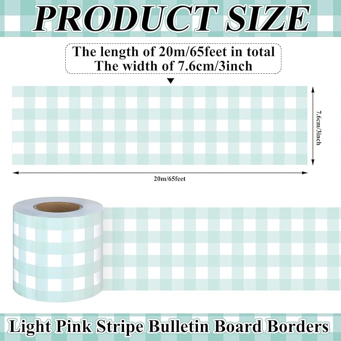 65.6 Ft Green Gingham Bulletin Board Border Die Cut Straight Border Trim Plaid Checkered Classrooms Decor for Whiteboard Wall Desk Window Door Locker Office School Party