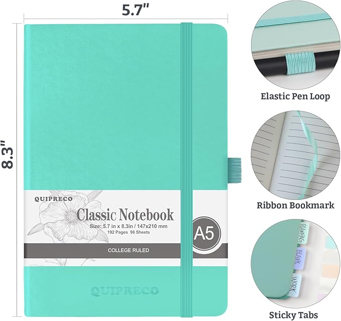 2Pack Lined Hardcover Journal Notebook, A5 192 Pages 100Gsm Thick Paper College Ruled for School,Note Taking,Work,Diary，5.7''*8.3'',Light Green