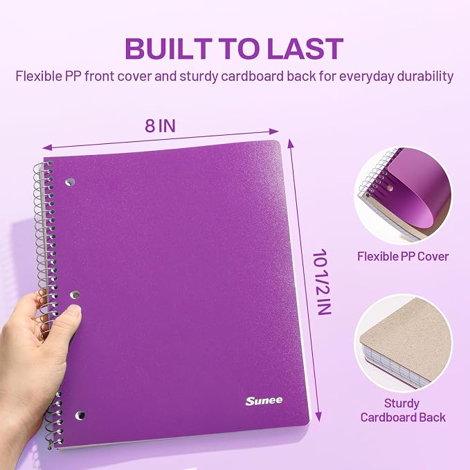 SUNEE Spiral Notebook, 1-Subject, College Ruled Paper, 8" x 10-1/2", 100 Sheets per Notebook, 3-Hole Punched Paper, Water Resistant Cover, Double-sided Pockets, Dark Purple