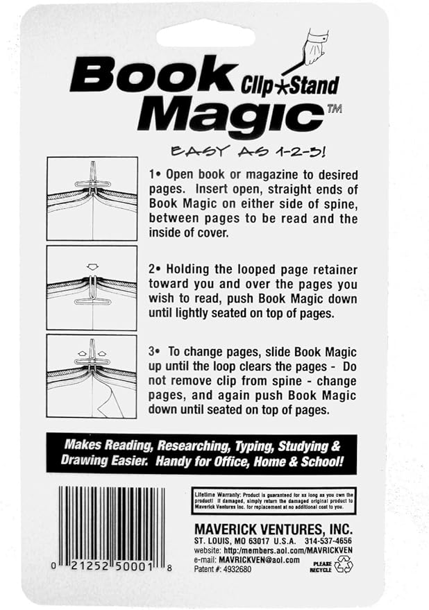 Book Magic Book Clip and Stand (Chrome), Portable, Metal Clip Holds Books Upright, for Reading, for Book Lovers, Made in USA