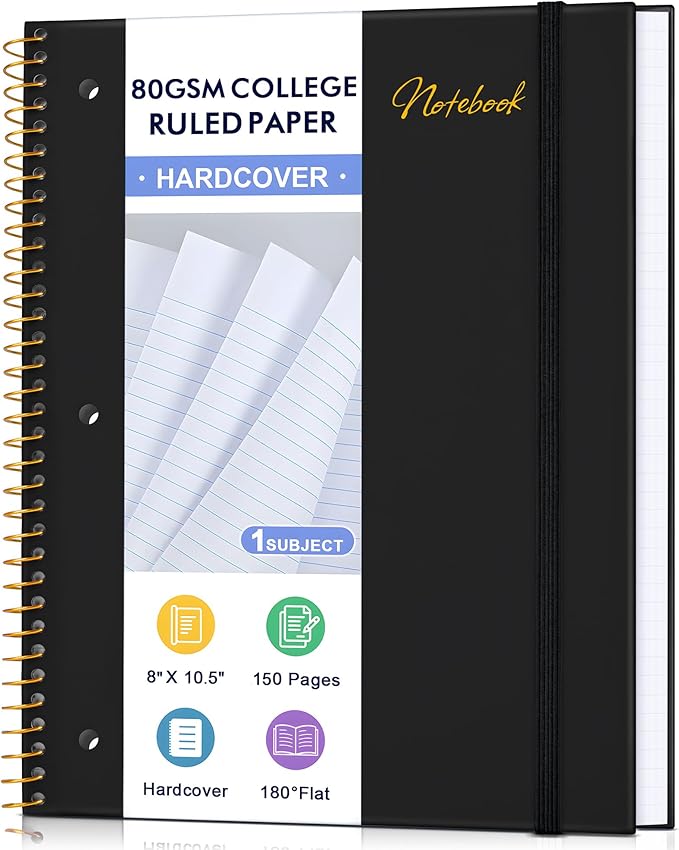 Spiral Notebook College Ruled Paper 8" x 10-1/2", 1 Subject Spiral Notebook 80GSM Paper, 3-Hole Punched Perforated Pages Ideal for School, Office, Writing, 75 Sheets Lined Journaling Notebook, Black