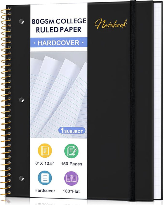 Spiral Notebook College Ruled Paper 8" x 10-1/2", 1 Subject Spiral Notebook 80GSM Paper, 3-Hole Punched Perforated Pages Ideal for School, Office, Writing, 75 Sheets Lined Journaling Notebook, Black