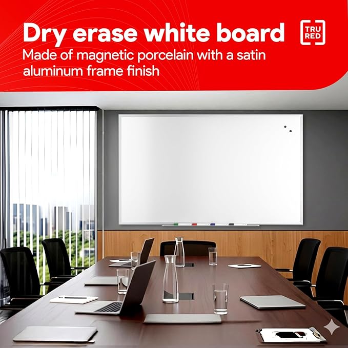 TRU RED Magnetic Porcelain Whiteboard | Dry Erase Board for Wall, White Board with Black Frame, 5 ft x 3 ft, 4 Multicolor Markers Included