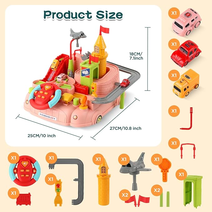 2026 Upgraded Car Adventure Toy for 3 4 5 6 Year Old Boys Girls, Race Track Toy with Steering Wheel & Sound, Montessori STEM Toys for Toddlers, Fine Motor Skills Birthday Gift for 3-5 Year Old Kids