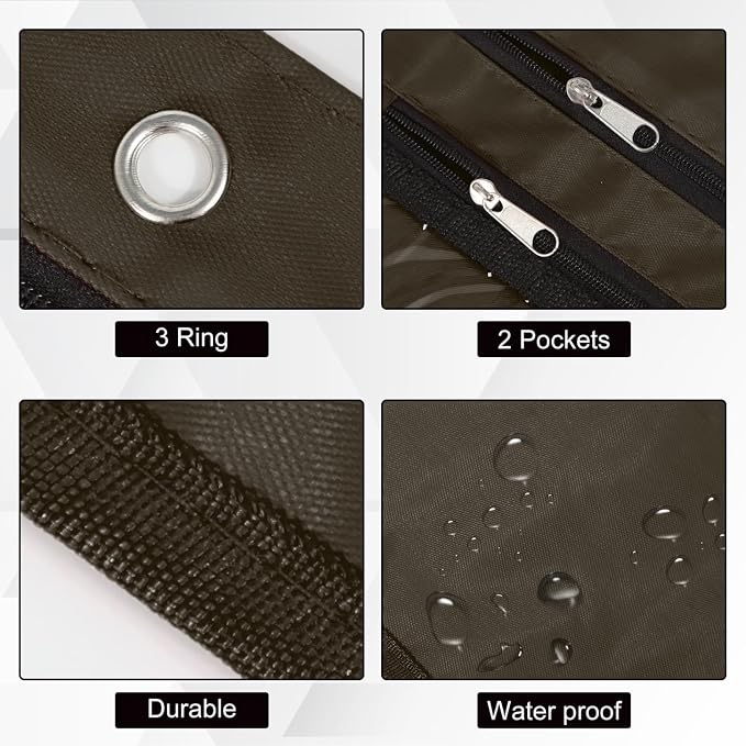 YoeeJob 2 Pack Expandable Pencil Pouches for 3 Ring Binders, Coffee Color | 1-inch expansion, 2 clear PVC pockets, 3 holes, large-capacity storage for school and office supplies.