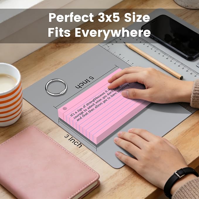 300 Count Index Cards 3 x 5 Inch Pink Flash Cards with Ring, Heavy Flashcards College Ruled Home Organization, Durable Study To Do List Note Cards with Ruled Lines for Office & School Supplies