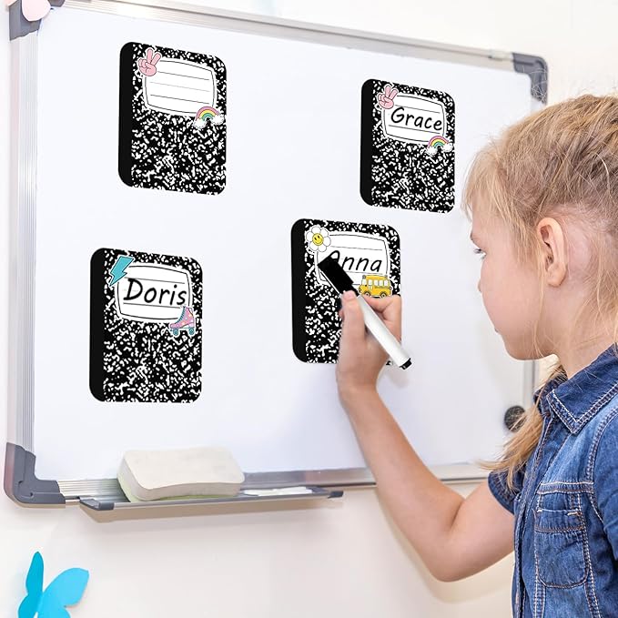 JarThenaAMCS 48Pcs Composition Notebook Magnetic Name Tags Reusable Dry Erase Label Writable Back to School Name Plate Magnet with Markers for Classroom Whiteboard Locker