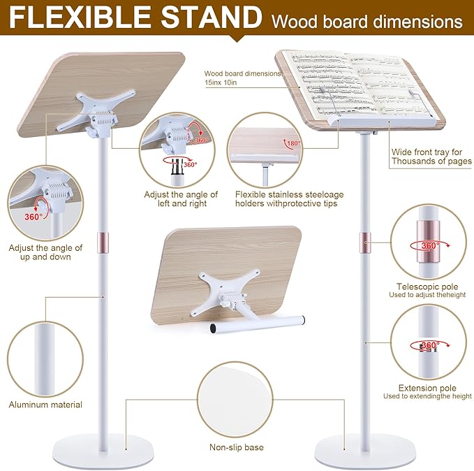 2 in 1 Dual-use Music Stand & Desktop Book Stand, Adjustable Height 16.5"-51", 100% Solid Wood Laptop Floor Stand Book Holder with Elastic Page Clips for Cookbooks, Sheet Music (White)