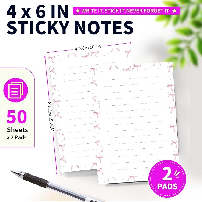 Lined Sticky Notes 4x6 in, 2 Pack Large Cute Notepads with Lines Self-Stick Note Pad, Funny Memo Pads Strong Adhesive for Office, Home Cute Pink Bowtie