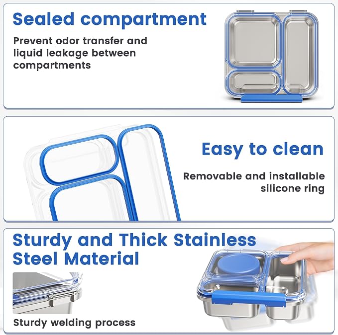 Stainless Steel Bento Box Kids Adult with 7oz Soup Thermo, Transparent Lid 3 Compartments Metal Bento Lunch Box with Insulated Food Jar,Lunch Box Container Sauce Cup for School,BPA-Free (Blue)