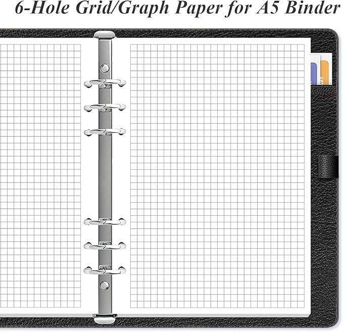 A5 Grid Refill Paper, 6-Hole Graph Paper, 100Sheets / 200Pages Loose-Leaf Grid Paper, 100gsm White Paper, 5.8" x 8.3 "