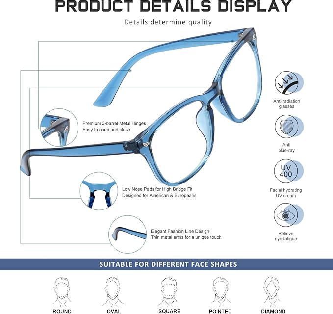 Reading Glasses for Women Men - Blue Light Blocking UV Filter Computer Readers,Anti Eyestrain Eyeglasses