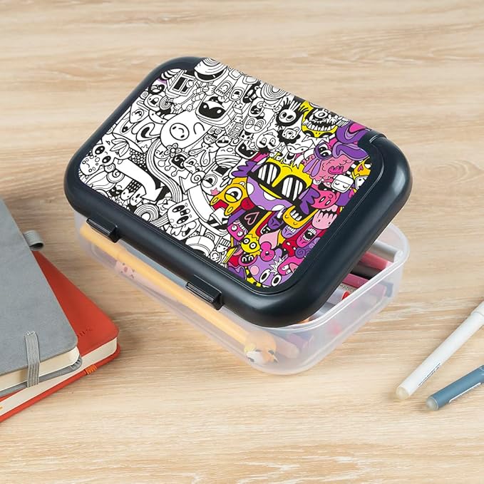 ZIPIT Recycled Plastic Pencil Box for Girls, Large Capacity Pencil Case for School, Durable Stationery Organizer Box, Doodles