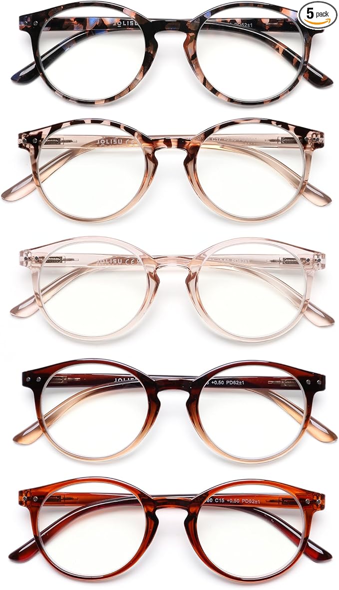 JOLISU 5 Pack Reading Glasses For Women/Men-Blue Light Blocking Computer Reader w/Round Frame - Retro Clear Lens Fake Eyeglasses（1.5）