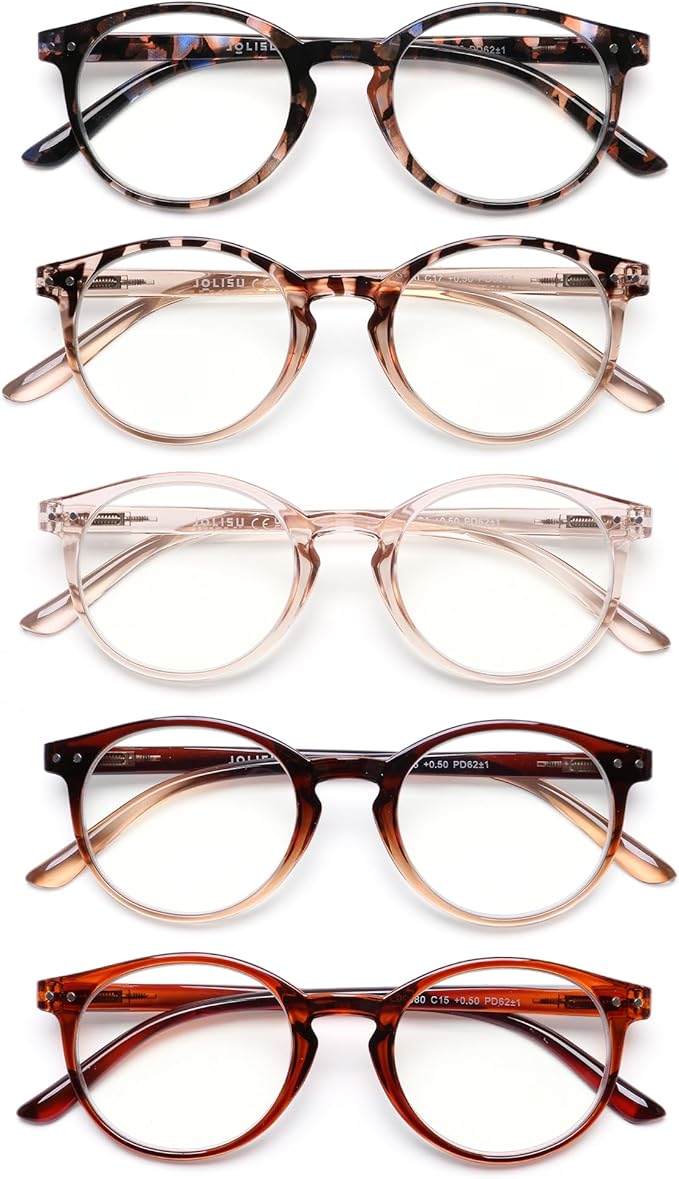 JOLISU 5 Pack Reading Glasses For Women/Men-Blue Light Blocking Computer Reader w/Round Frame - Retro Clear Lens Fake Eyeglasses（1.25）