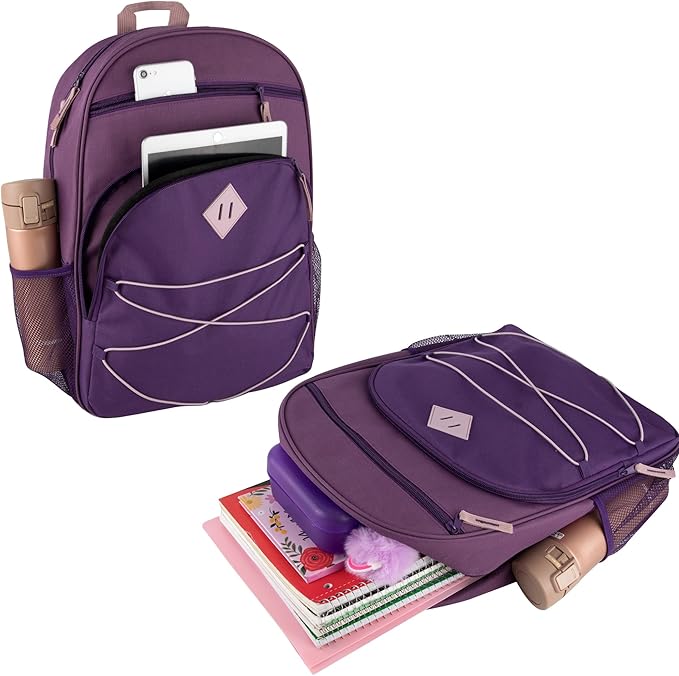 Summit Ridge Backpacks with Bungee Cord Front | 17” Multi Pocket Backpack for Adults, College, Travel (Purple/Lilac)