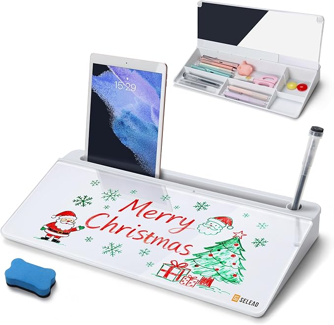 SELEAD Desktop Glass Whiteboard with Organizer & Built-in Mirror, Small Dry Erase White Board Computer Pad Keyboard Stand for Home, School, Office Desk Accessories - White