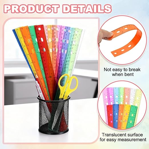 HARFINGTON 5pcs Plastic Rulers 12" (30cm) Clear Straight Ruler Measuring Tool Inches and Centimeters with Hole for Home Office Classrooms Drafting, Orange