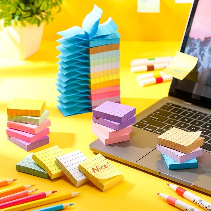 PerKoop 48 Pads, 4800 Sheets Small Sticky Notes 1.5x2 Lined 12 Colors