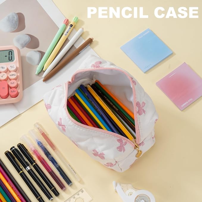 Makeup Bag Travel Toiletry Bag for Women, Small Cosmetic Bags Cute Quilted Cotton Makeup Pouch for Purse Emergency Bag Pencil Case Accessory Bag, Pink Bow