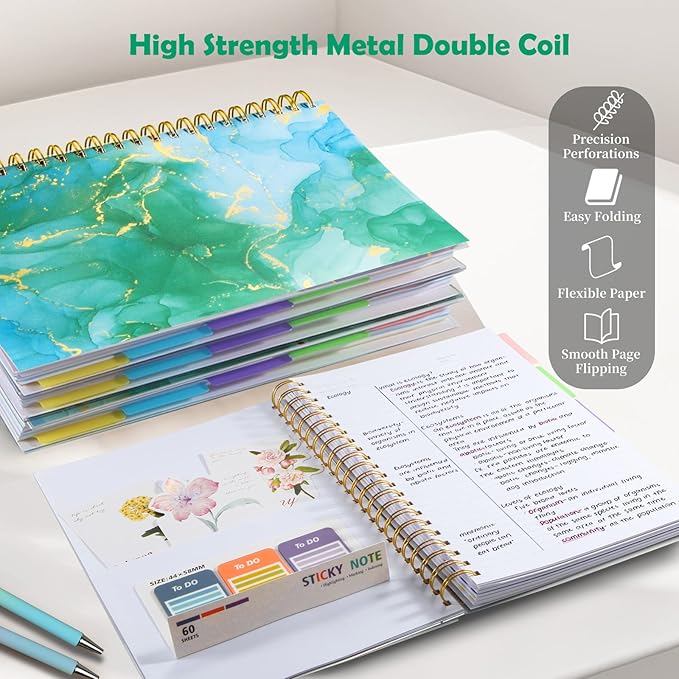 5 Subject Notebook for Work with Removable Dividers Tabs, Large 8.5" x 11 Spiral Lined Notebooks for School Note Taking & Organizer, A4 240 Pages College Ruled Journal for Women & Writing, Green