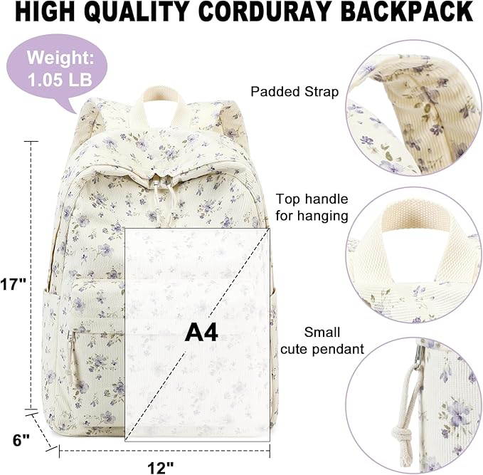 BTOOP School Backpack for Girls Teens Large Corduroy Bookbag Lightweight 15.6 inch Laptop Bag for Women Casual High School College (Purple Floral)