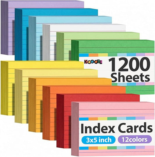Koogel 1200PCS Index Cards 3x5, Colored Ruled Index Cards Bulk for Back To School, Heavy Notecards Memo Scratch Pad for Studying Teachers Classroom Note Taking Office College Supplies, 12 Colors