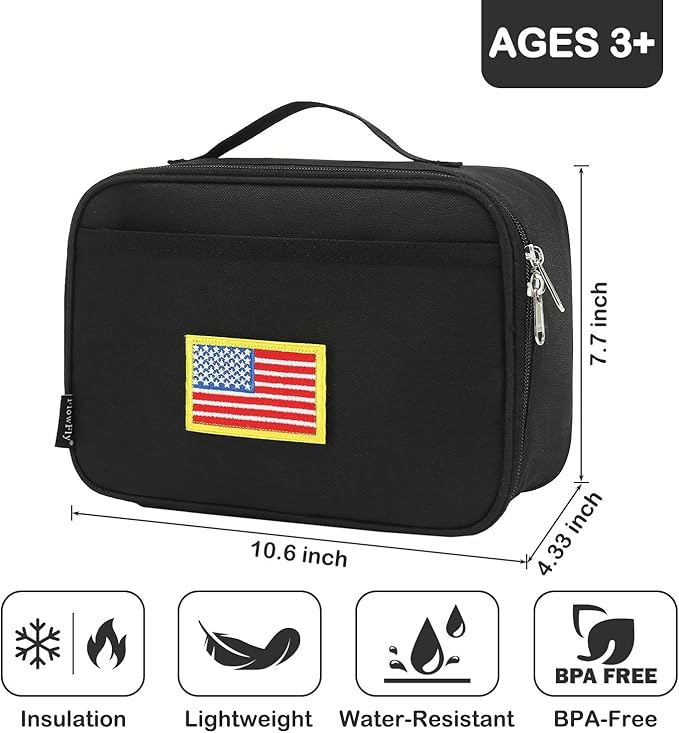 FlowFly Kids Lunch box Insulated Soft Bag Mini Cooler Back to School Thermal Meal Tote Kit for Girls, Boys, Black Free USA Flag Patch Included