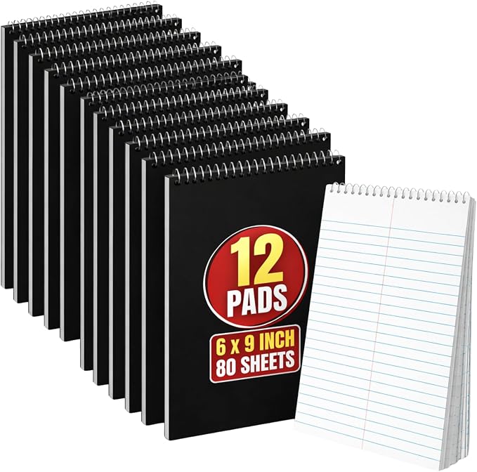 1InTheOffice Spiral Steno Pads, 6 x 9 in, Gregg-Ruled, White, 80 Sheets per Pad, Spiral Note Pads, 12 Pack