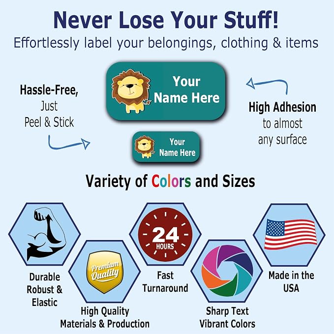 Custom Name Labels – Boys, Girls and Kids Icon Designs. 52 Waterproof Labels for School, Daycare and Camp. Personalized Stickers, Dishwasher and Microwave Safe, Machine Washable.