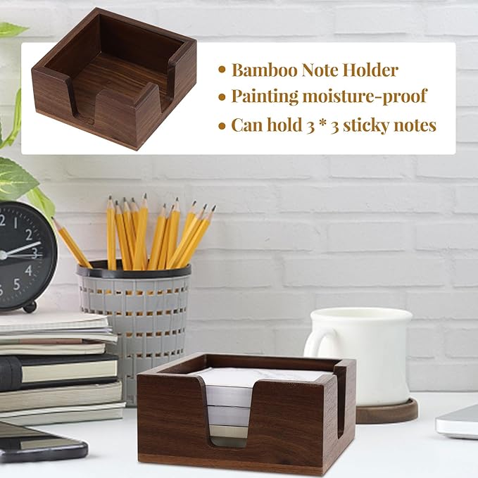 MultiBey Walnut Desk Organizer Set, Wooden Office Desktop Organization with Acrylic Pen Holder, Sticky Note Dispenser & Paper Clip Box, Elegant Walnut Desk Accessories for Home Office Gift