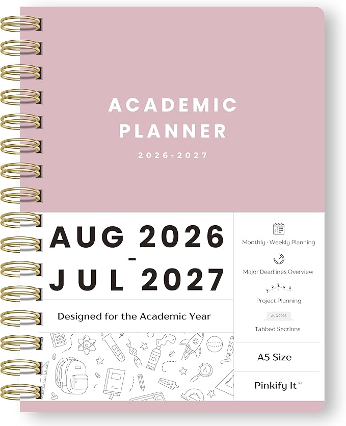 Academic Planner Aug 2026-July 2027, A5 Size, Student Planner with Monthly & Weekly Layout, Spiral Planner with Tabs, Class Schedule, Major Deadlines & Project Planning (Pink)
