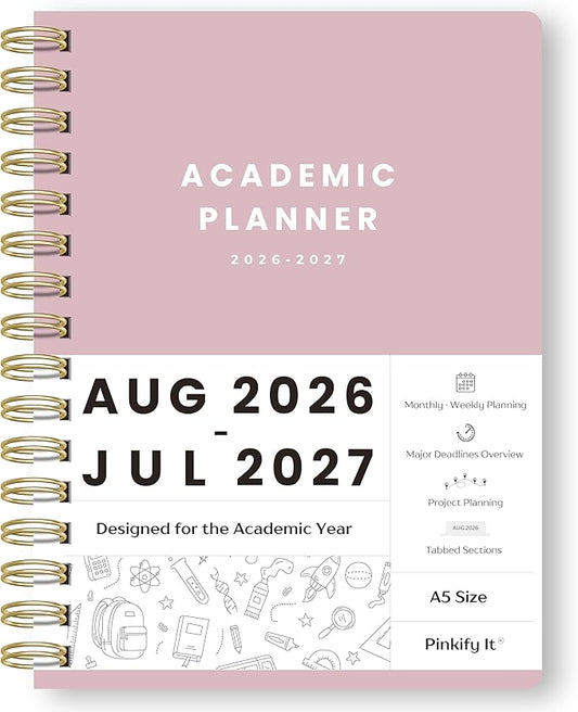 Academic Planner Aug 2026-July 2027, A5 Size, Student Planner with Monthly & Weekly Layout, Spiral Planner with Tabs, Class Schedule, Major Deadlines & Project Planning (Pink)