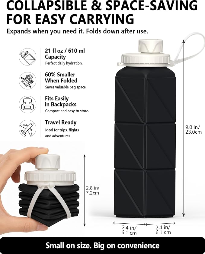 BEAUTAIL Collapsible Water Bottles 21oz/610mL, Silicone Travel Water Bottle | BPA Free, Leakproof & Reusable, Foldable Water Bottle for Traveling, Hiking, Gym, School, Sports, Outdoor, 1-Pack, Black