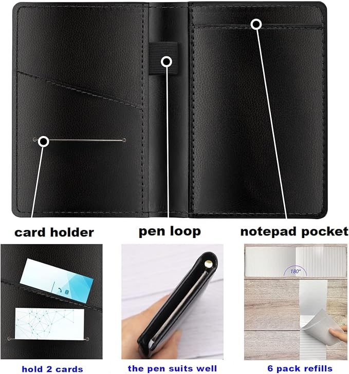 9 Pieces Mini Pocket Notepad Set,Included Leather Pocket Note Pad Holder,180 Sheets 6 Pack 3×5 Inch Small Notebook Refills,2 Metal Ballpoint Pens