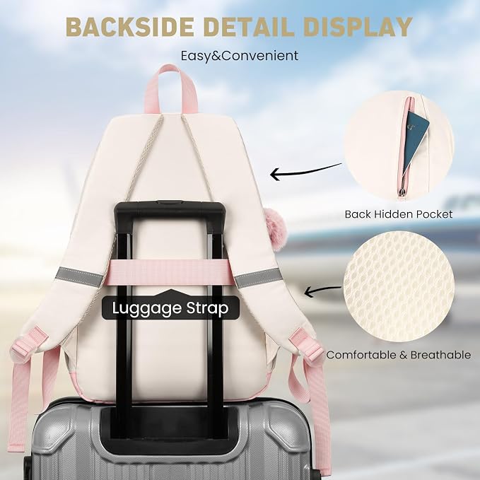 WINDARS School Backpack with Lunch Box for Teen Girls, Cute College Backpacks for Women Students Aesthetic Bookbag Large 15.6 Inch Laptop Bag Middle School Travel Back Pack (Pink Beige-3 Pcs)