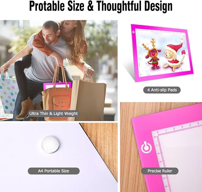 Pink A4 Dimmable LED Artcraft Light Box Tracer Slim Light Pad Portable Tablet, USB Power Cable Copy Drawing Board Tracing Table for Artists Designing, Animation, Sketching, Stenciling X-ray Viewing