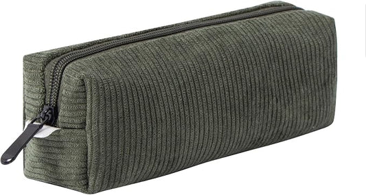 Corduroy Pencil Case for Girls Kids Large Capacity Aesthetic Pen Pouch Makeup Bag Cosmetic Organizer Cute Stationery Storage Bag for School Office Travel Minimalist Pencil Box (Dark Green)