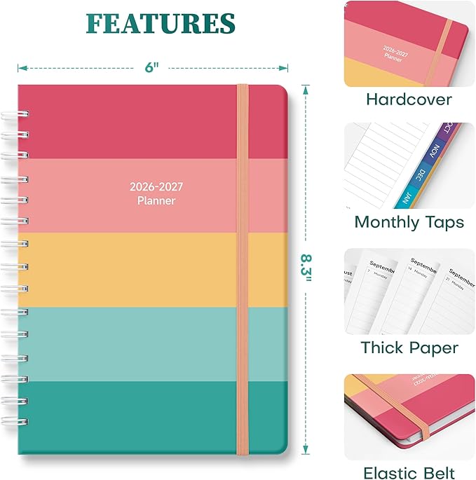 Planner 2026-2027 Monthly and Weekly Academic Planner July 2026 - June 2027, Hardcover Calendar 2026-2027 Agenda Daily Planner for Student Teacher School Office Supplies, 6" x 8.3", Happy Stripe