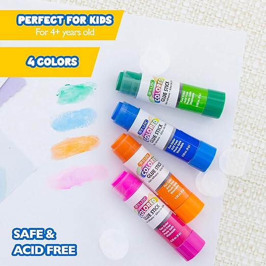 BAZIC Products Washable Colored Glue Stick 8g/0.28 Oz, All Purpose Acid Glue Sticks for Kids Photos Paper Kids at School Home Office (4/Pack), 2-Pack