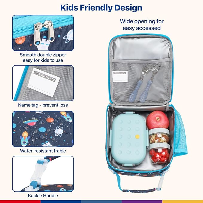 Bagseri Kids Lunch Bag with Shoulder Strap - Insulated Crossbody Boys Lunch Box for School & Travel, Reusable Large Meal Tote with Bottle Holder, Fits Bento Box, Navy Space