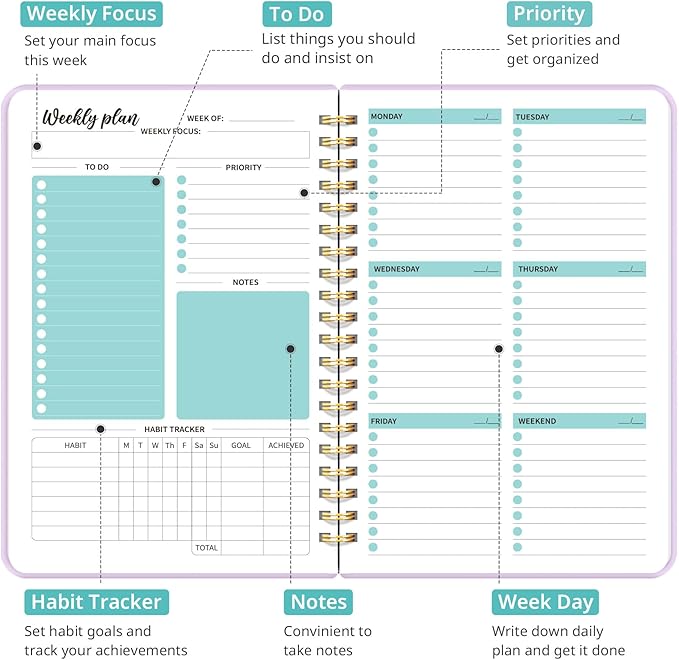 Undated Weekly Planner, Weekly To Do List Notebook with Goal & Habit Tracker Organizer, A5 Weekly Planner Notebook with Spiral Binding, 6.1" x 8.2" - Purple